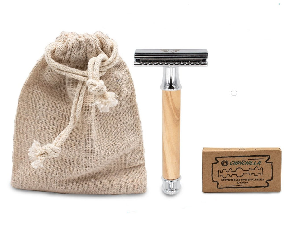 NAVAJA de AFEITAR de MADERA de OLIVO y METAL - incl. 10 hojas de afeitar y bolsa de alimacenamiento