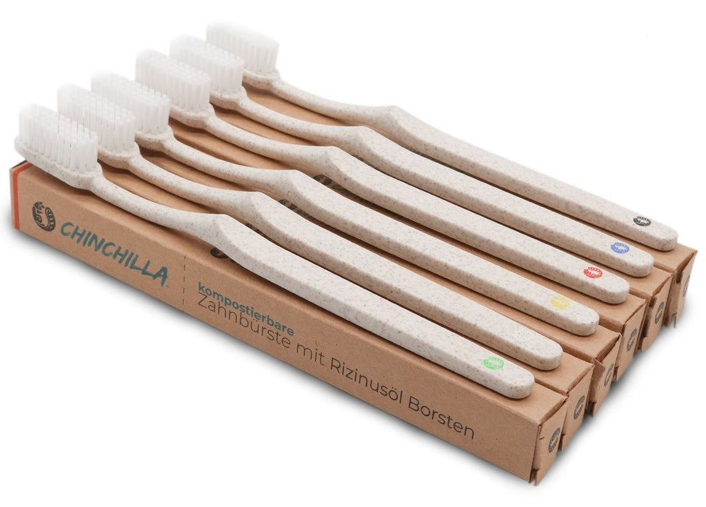 6 TOOTHBRUSHES - WHEAT STRAW HANDLE & CASTOR OIL BRISTLES