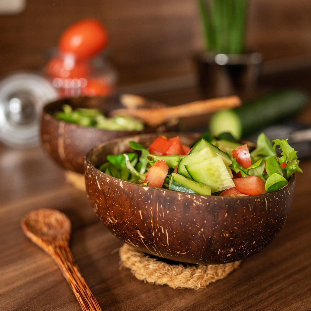 NATURAL COCONUT BOWLS SET - 2 Coconut bowls + 2 Wooden spoons + Bowl holder🥥
